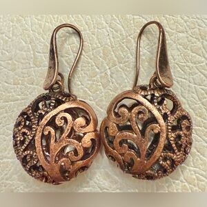 Copper colored round Filigree Dangle pierced hook Earrings